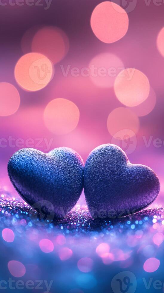 Two soft velvet hearts resting on a sparkling glitter surface, surrounded by glowing heart bokeh in the background, dreamy atmosphere with pink and purple tones photo