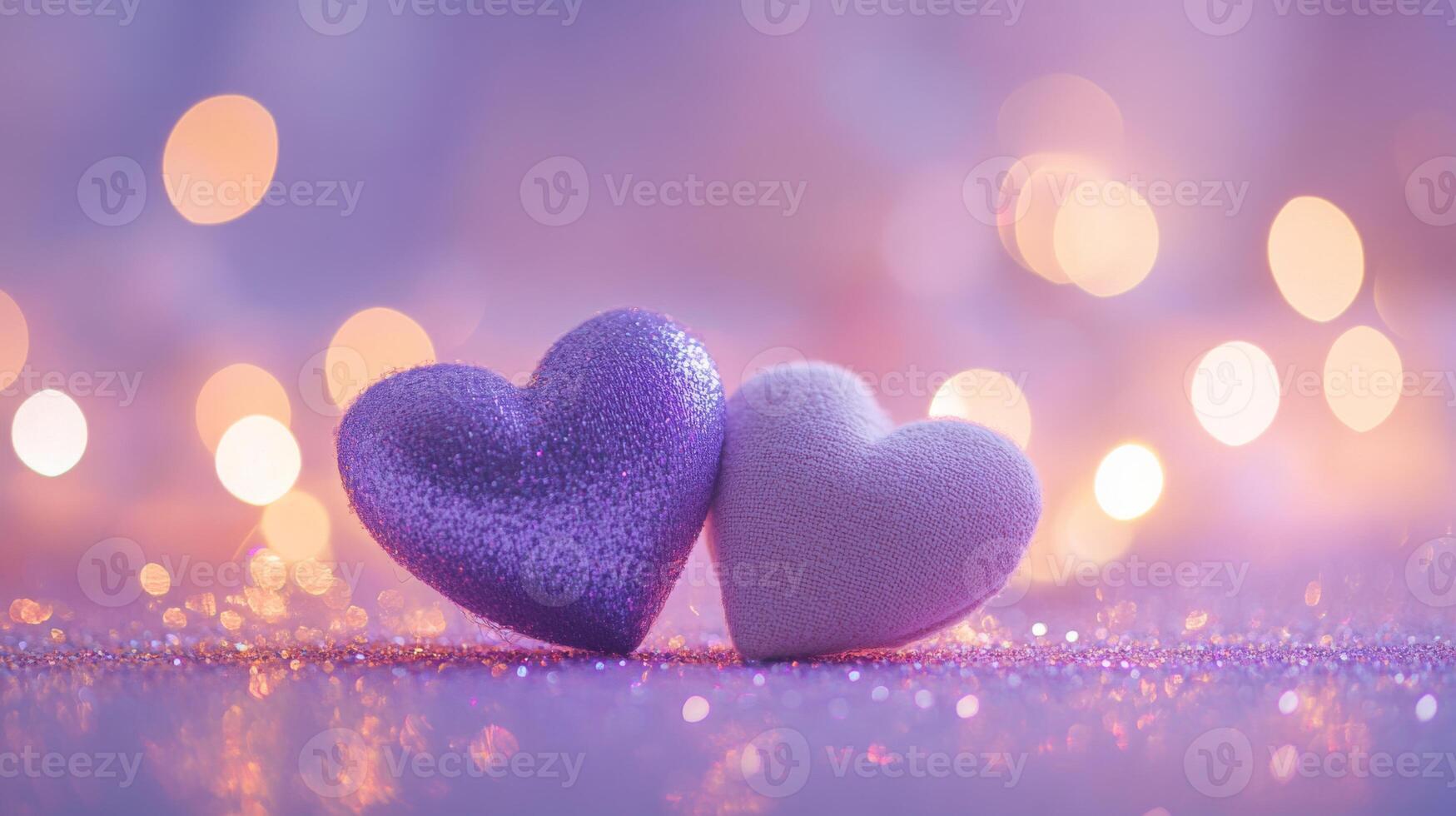 Romantic hearts made from fabric placed on glittering surface, surrounded by sparkling fairy lights and gentle heart-shaped bokeh, light pink and purple tones photo