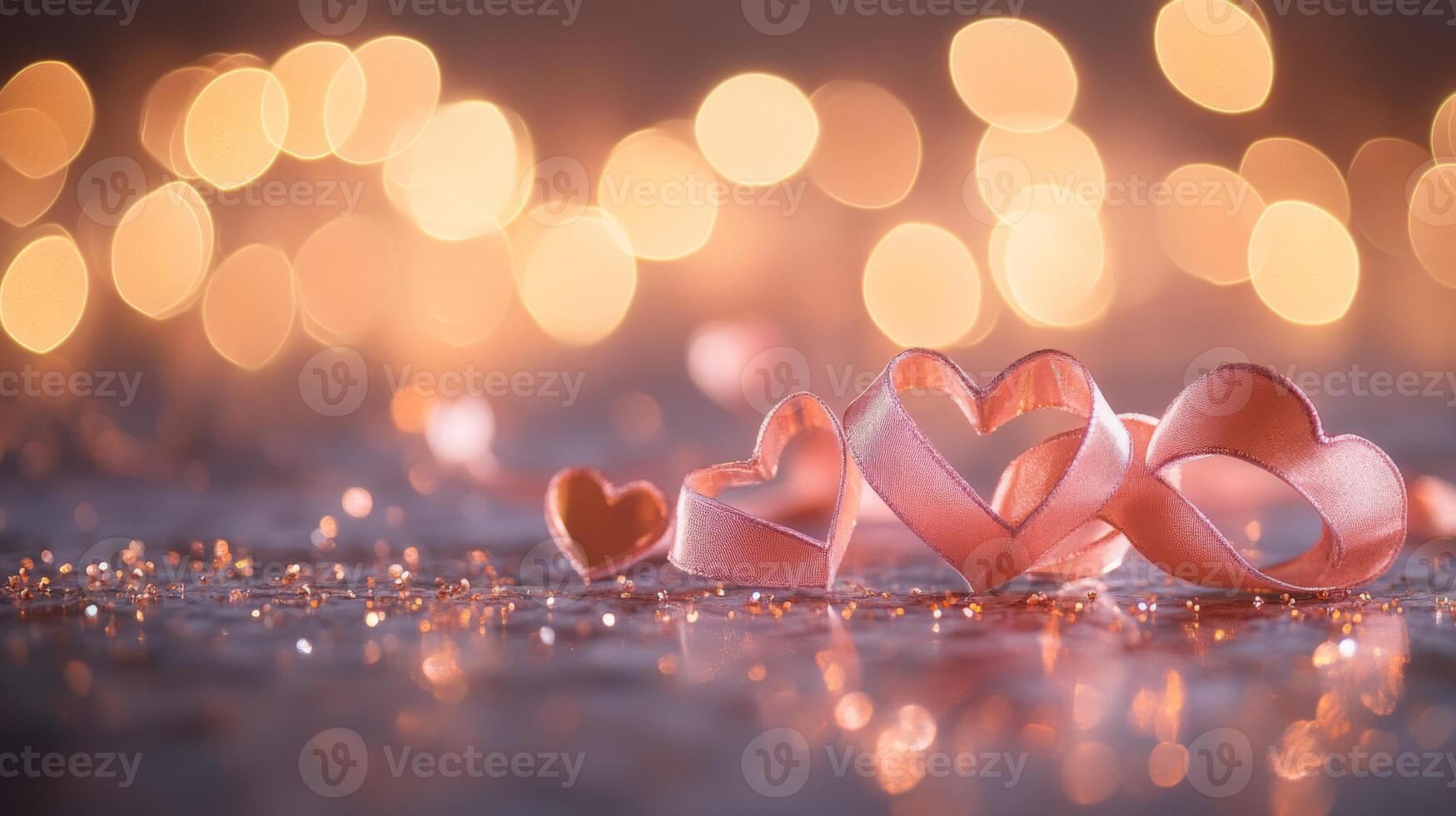 Elegant intertwined heart ribbons on a sparkling floor, with floating heart bokeh and warm fairy lights in the background, soft pastel hues photo