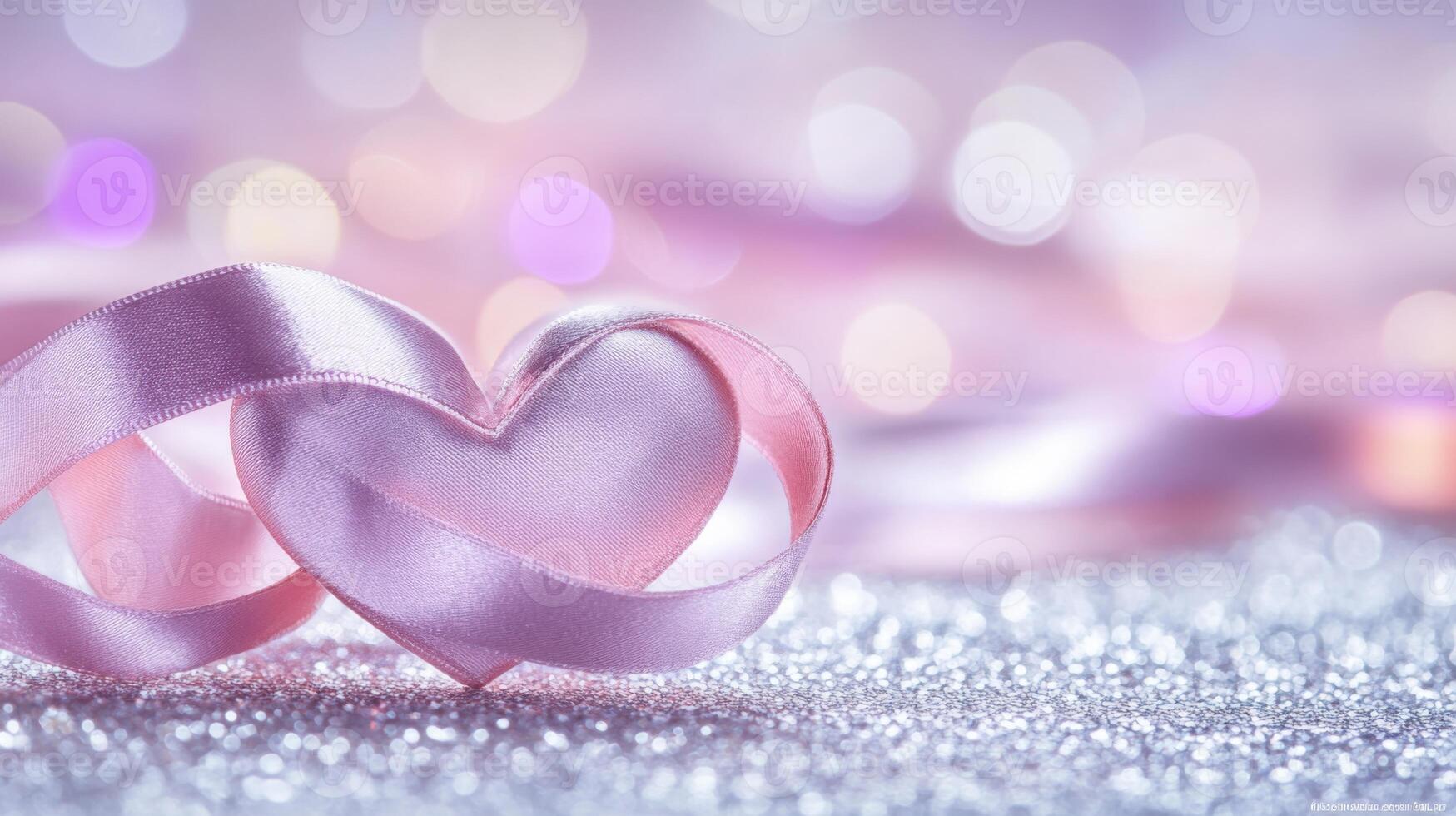 Two intertwined hearts created from delicate satin ribbon, placed on a silver glittering surface with soft pink and purple bokeh in the background photo