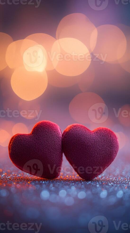 Two red velvet hearts on a glowing glitter surface, heart-shaped bokeh softly floating above, warm romantic tones of pink and purple photo