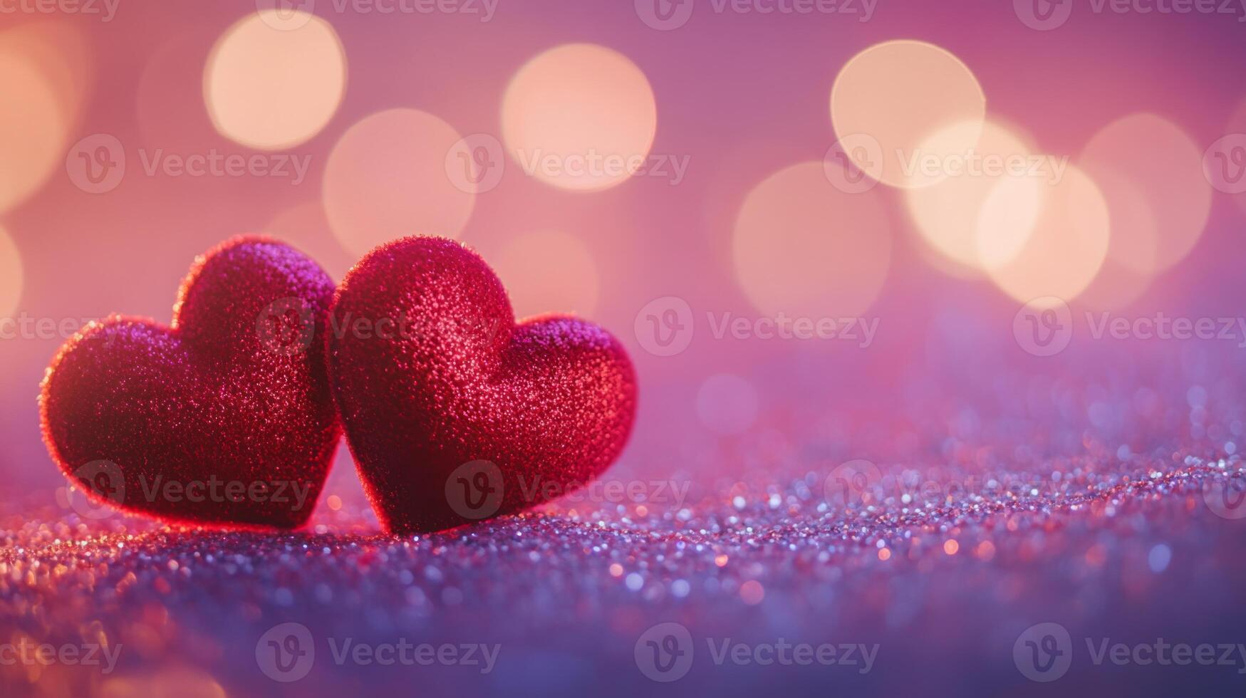 Two red velvet hearts on a glowing glitter surface, heart-shaped bokeh softly floating above, warm romantic tones of pink and purple photo
