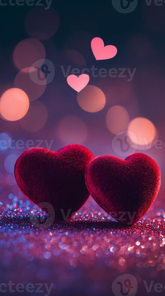 Two red velvet hearts on a glowing glitter surface, heart-shaped bokeh softly floating above, warm romantic tones of pink and purple photo