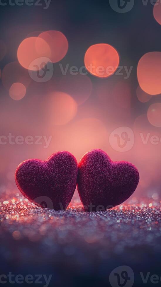Two red velvet hearts on a glowing glitter surface, heart-shaped bokeh softly floating above, warm romantic tones of pink and purple photo