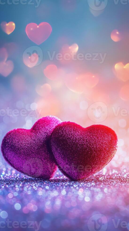Two red velvet hearts on a glowing glitter surface, heart-shaped bokeh softly floating above, warm romantic tones of pink and purple photo