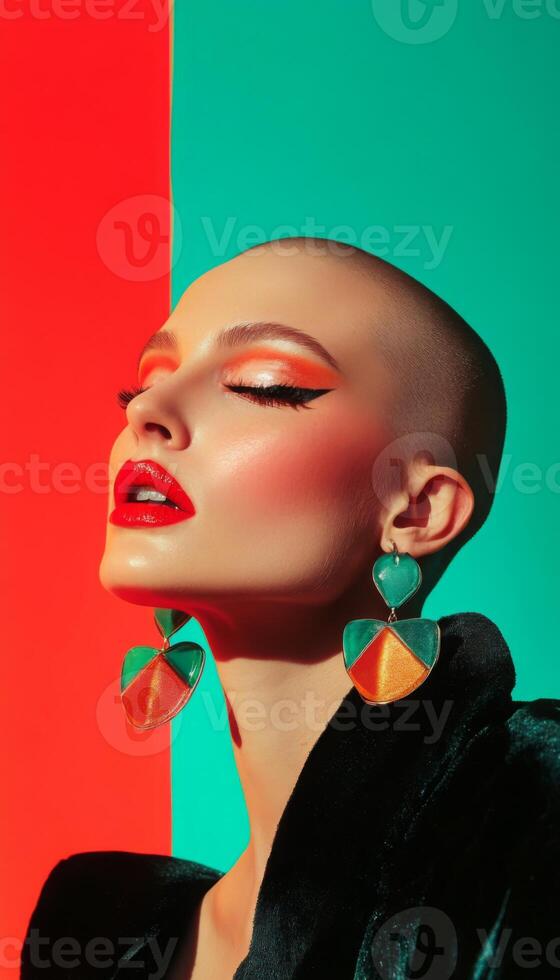 Stylish woman with bold earrings, shaved head, and vibrant makeup, posing with a quirky expression in front of a bright solid color background photo