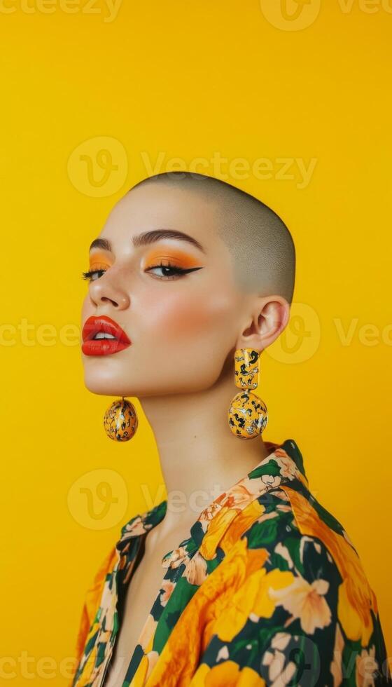 Stylish woman with bold earrings, shaved head, and vibrant makeup, posing with a quirky expression in front of a bright solid color background photo