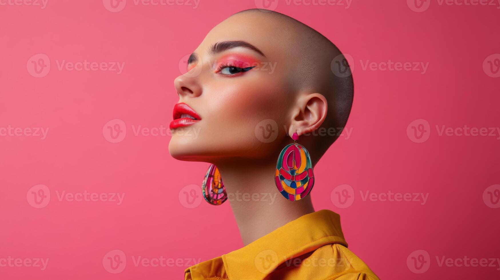 Stylish woman with bold earrings, shaved head, and vibrant makeup, posing with a quirky expression in front of a bright solid color background photo