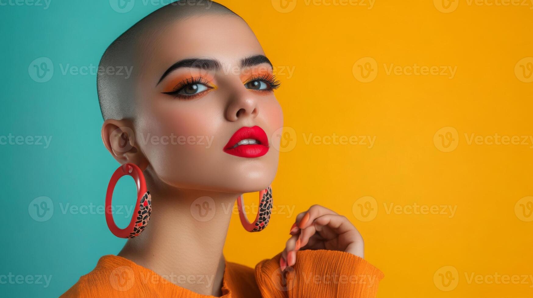 Stylish woman with bold earrings, shaved head, and vibrant makeup, posing with a quirky expression in front of a bright solid color background photo
