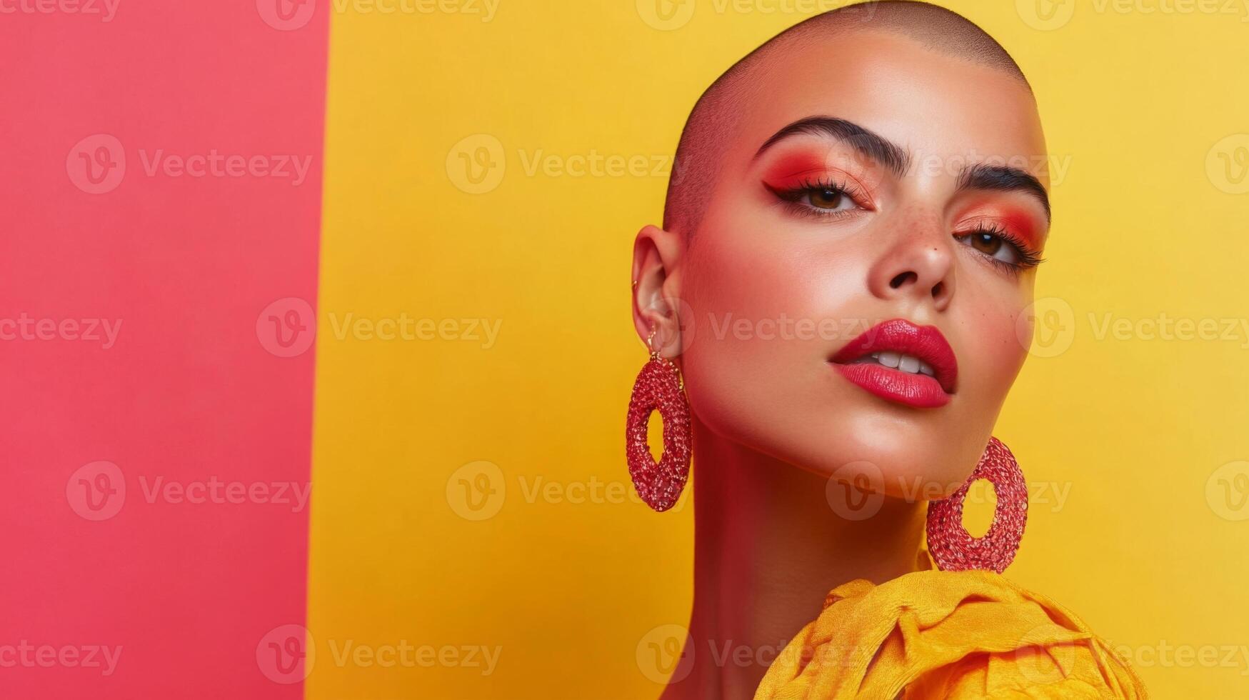 Stylish woman with bold earrings, shaved head, and vibrant makeup, posing with a quirky expression in front of a bright solid color background photo