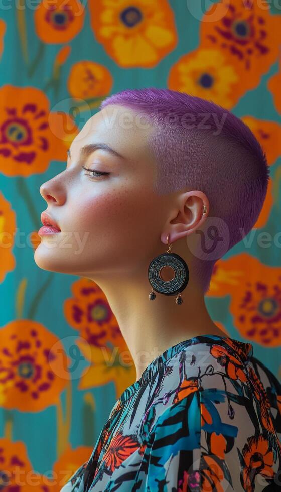 Model with purple buzzcut, quirky expression, wearing bold earrings, posed against a vibrant background photo
