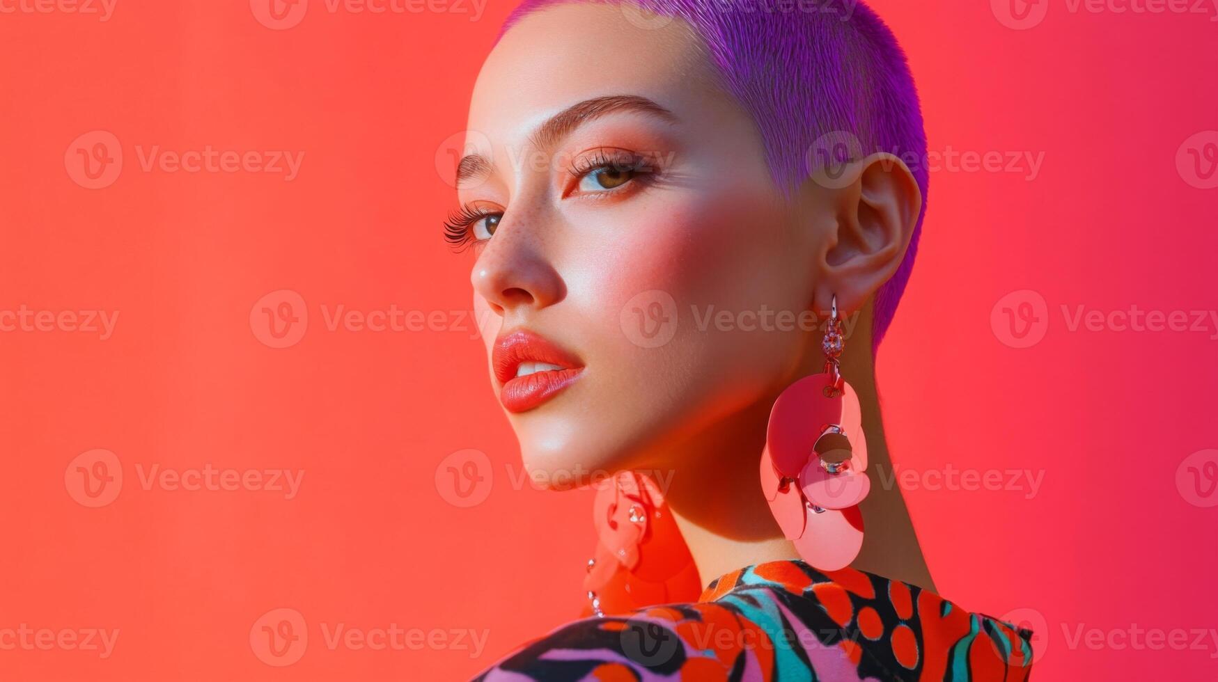 Model with purple buzzcut, quirky expression, wearing bold earrings, posed against a vibrant background photo