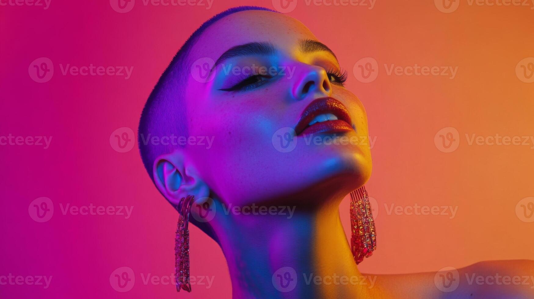 Model with purple buzzcut, quirky expression, wearing bold earrings, posed against a vibrant background photo