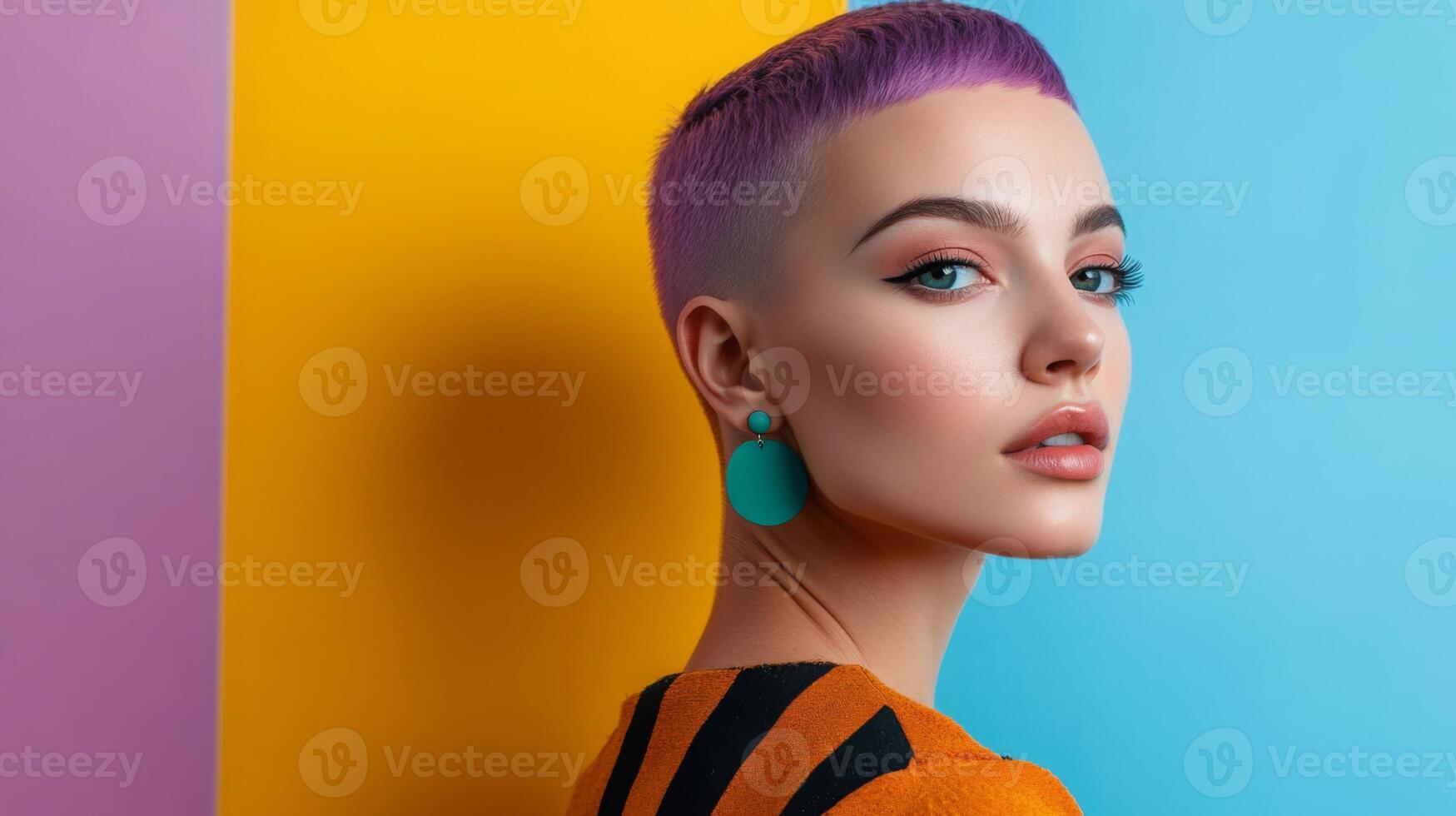 Model with purple buzzcut, quirky expression, wearing bold earrings, posed against a vibrant background photo