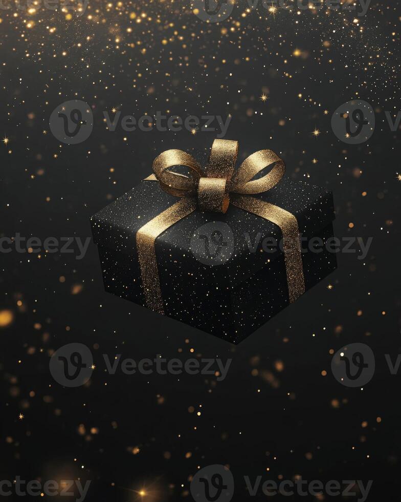 Black gift box with a golden ribbon floating with stars around, on a dark background with lots of space at the bottom photo