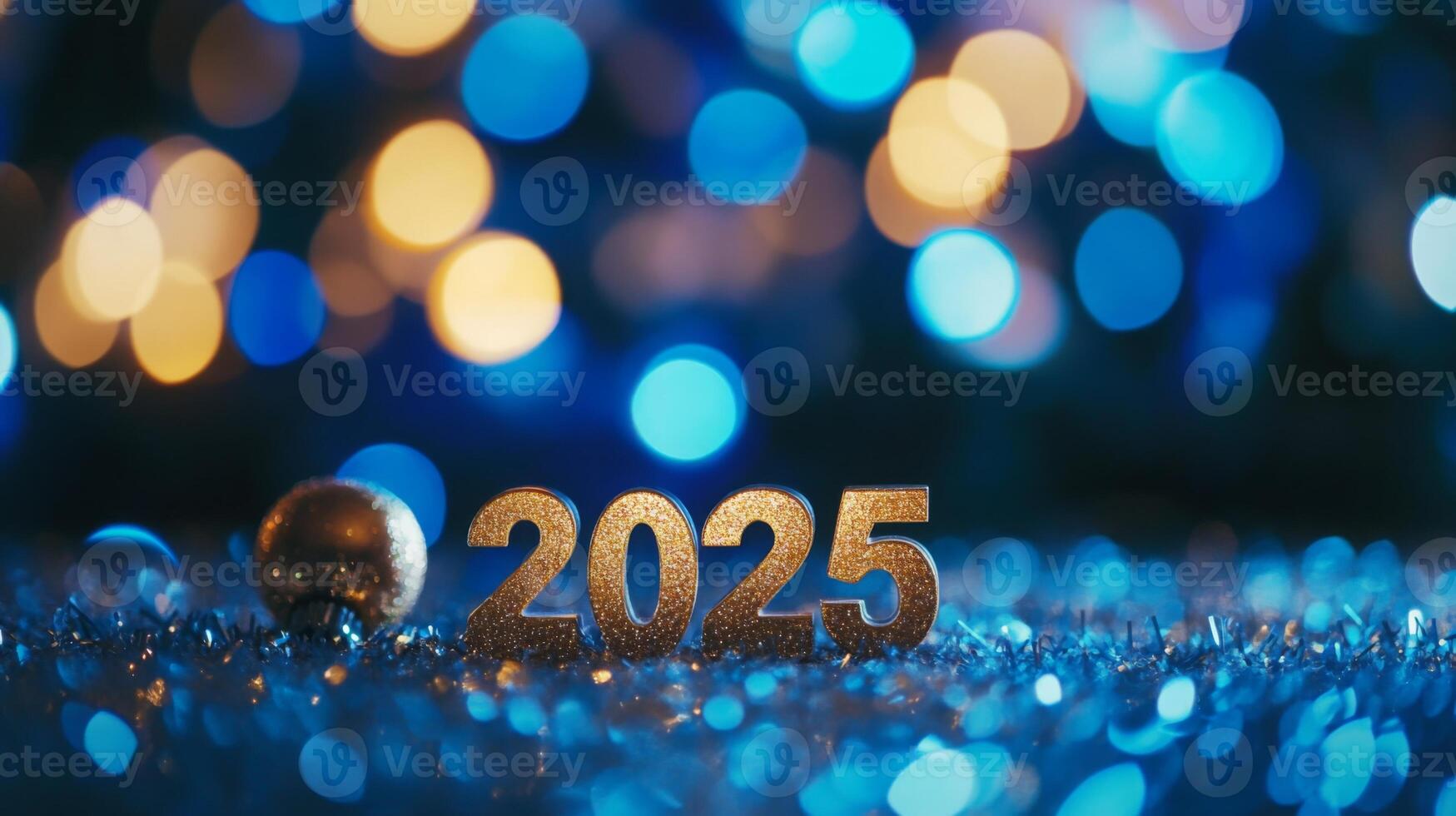 The number 2025 in golden font placed on a glittering, festive surface with blurred blue bokeh lights in the background photo