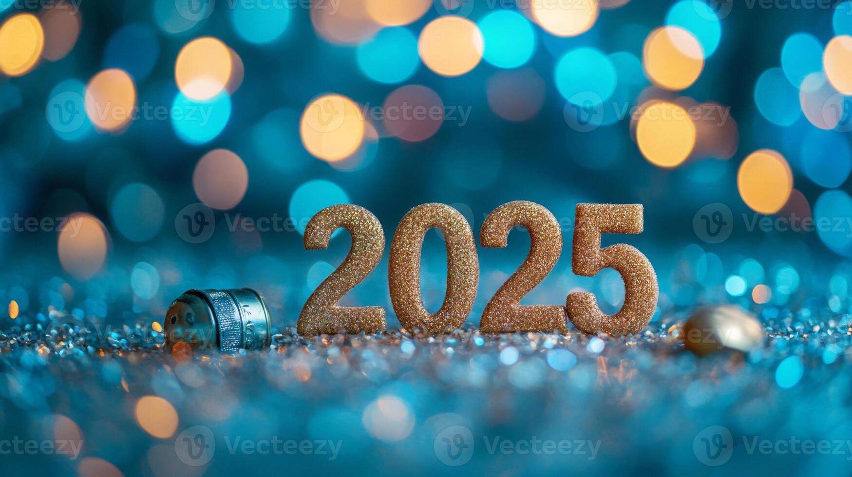 The number 2025 in golden font placed on a glittering, festive surface with blurred blue bokeh lights in the background photo
