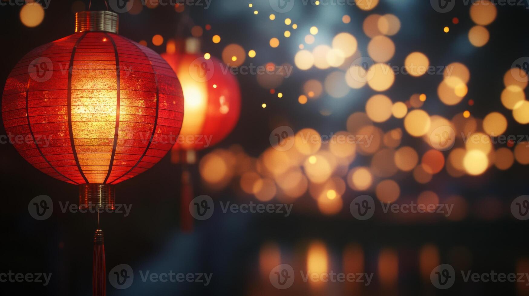 Beautiful red paper lanterns hanging in a line, glowing softly at night with blurred golden sparkles in the background, celebrating a festive night. photo