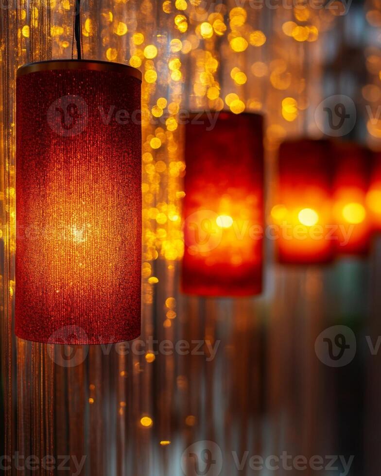A row of glowing red lanterns hanging in soft lighting, with golden sparkles in the blurred background, creating a warm festive tone. photo