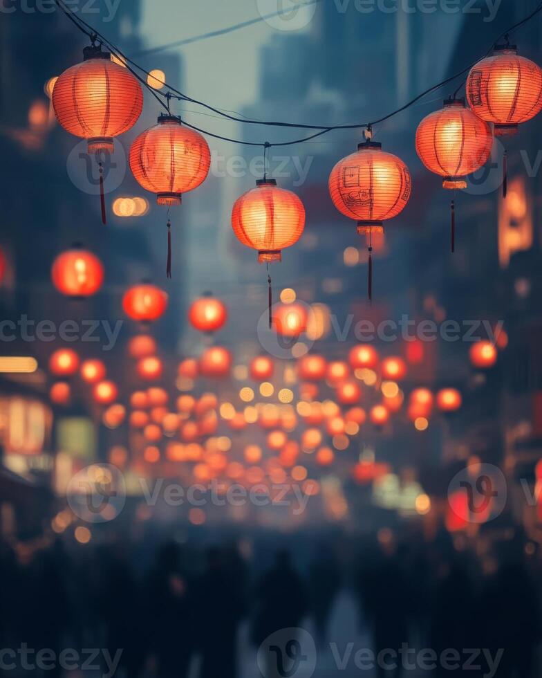Festive red lanterns glowing above a busy street, softly lit with blurred crowds in the background, celebrating a festival photo