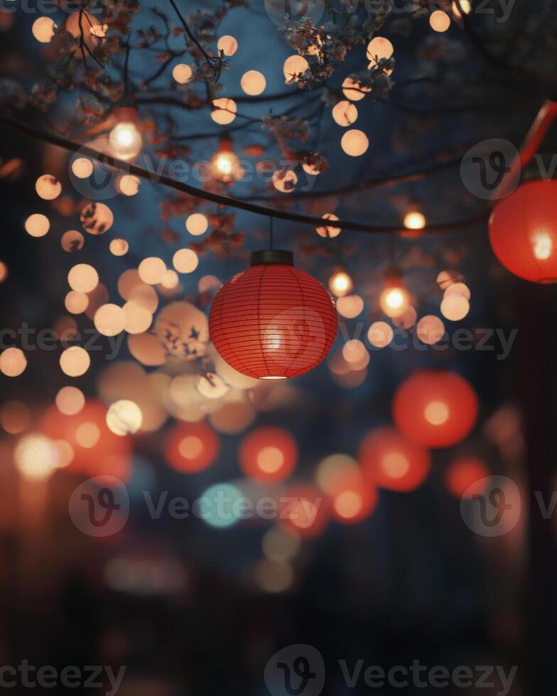 Hanging red lanterns glowing against a night sky, surrounded by bokeh lights and blurred figures celebrating a festival photo