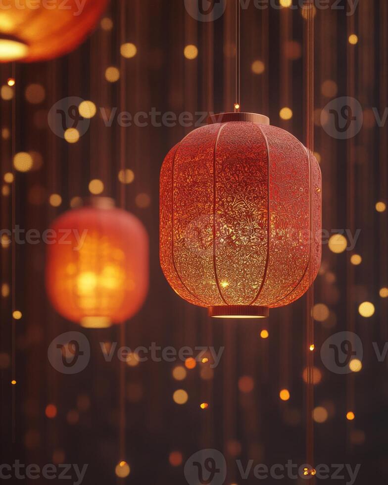 Red lanterns with intricate designs glowing softly, with golden lights sparkling in the background, festive and warm atmosphere. photo
