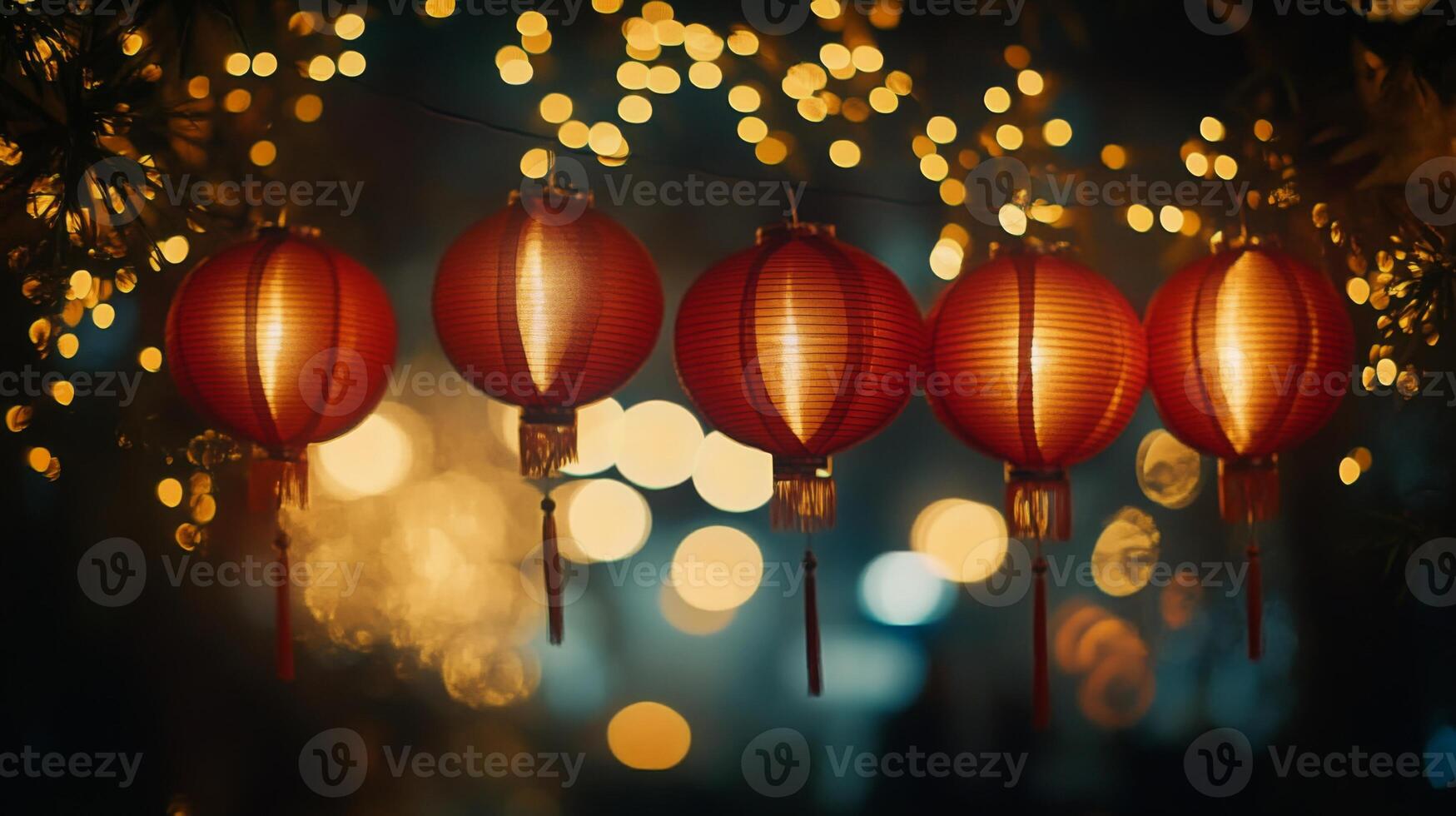 Traditional red lanterns hanging in a row, soft yellow lights illuminating the scene with a bokeh effect in the background, capturing the spirit of Chinese New Year. photo