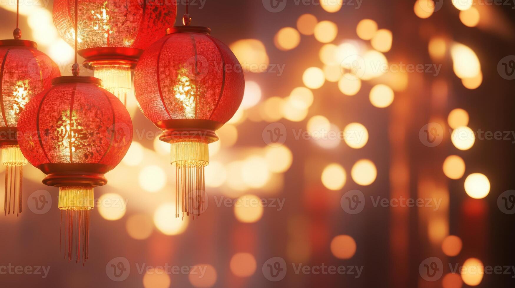 Traditional red lanterns hanging in a row, soft yellow lights illuminating the scene with a bokeh effect in the background, capturing the spirit of Chinese New Year. photo