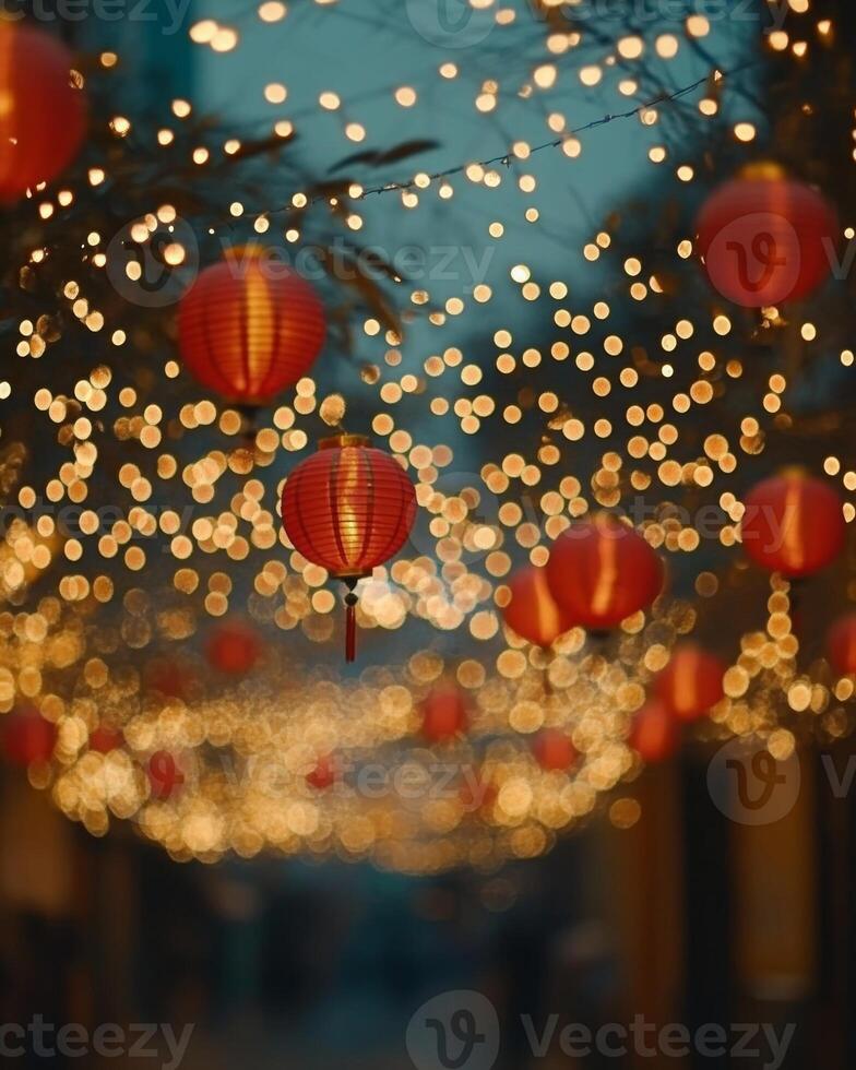 Traditional red lanterns softly glowing, strung along a street during a night festival, with blurred golden lights creating a festive feel photo