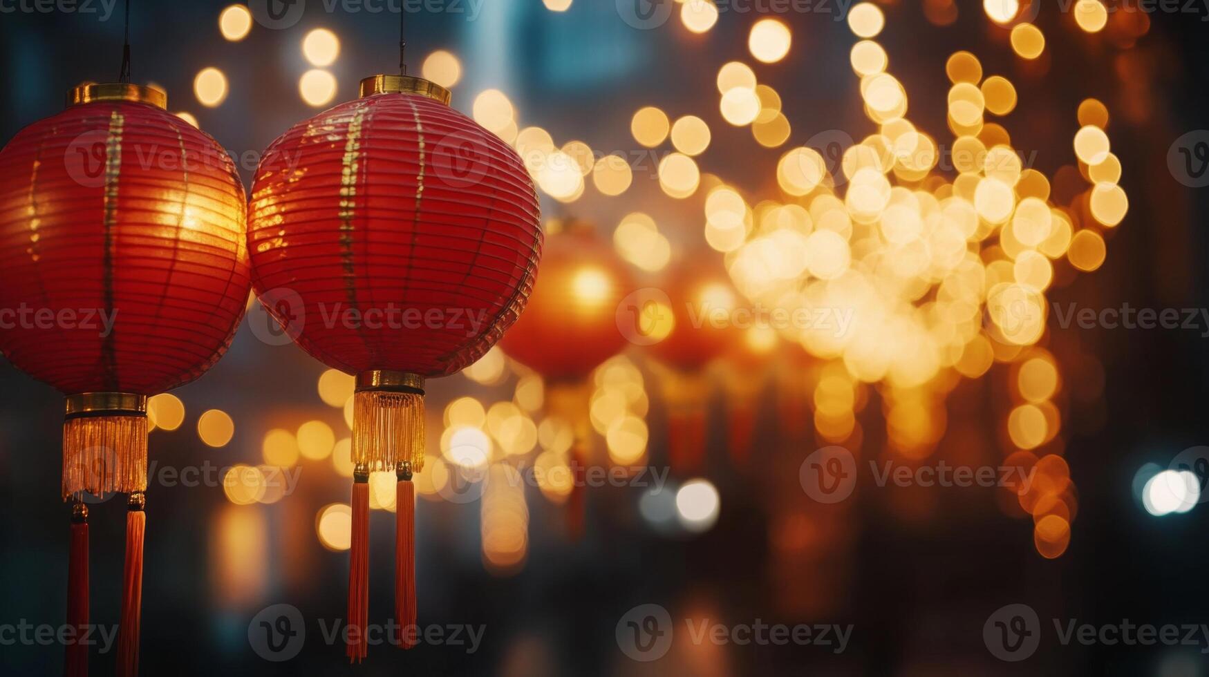 Traditional red lanterns hanging in a row, soft yellow lights illuminating the scene with a bokeh effect in the background, capturing the spirit of Chinese New Year. photo