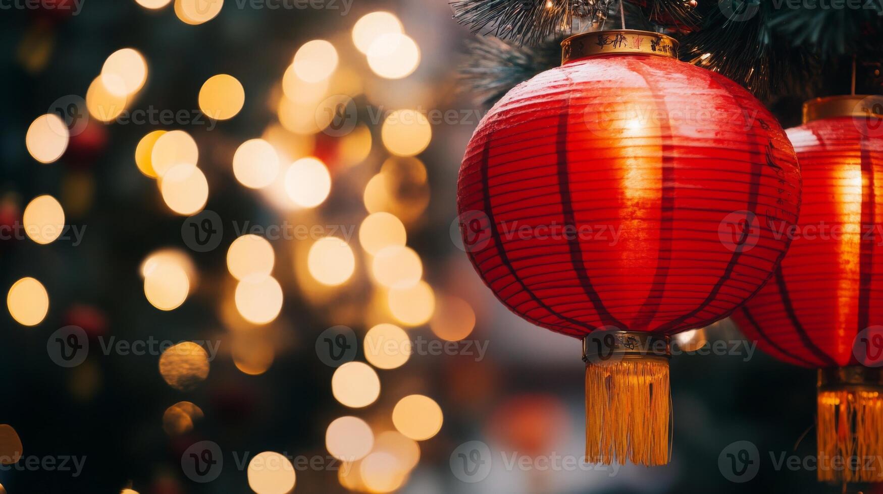 Traditional red lanterns hanging in a row, soft yellow lights illuminating the scene with a bokeh effect in the background, capturing the spirit of Chinese New Year. photo