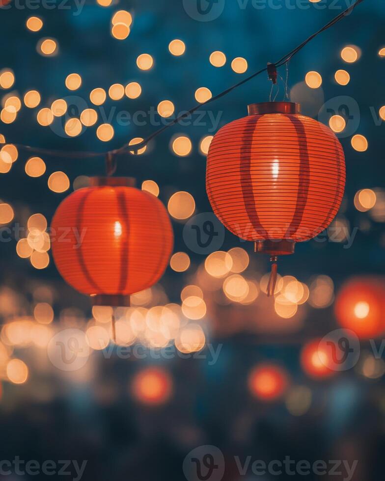 Vibrant red lanterns swaying gently, surrounded by blurry lights and a festive crowd in the background, glowing softly under warm lighting photo