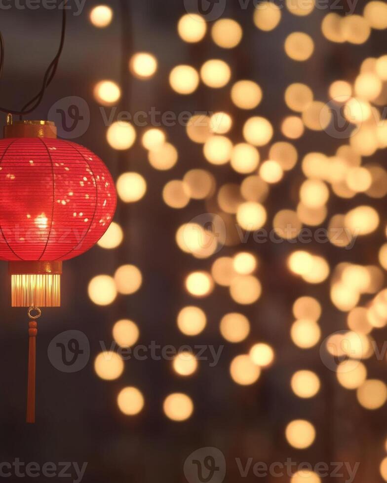 A string of glowing red Chinese lanterns with blurred golden lights in the background, creating a festive and elegant ambiance. photo