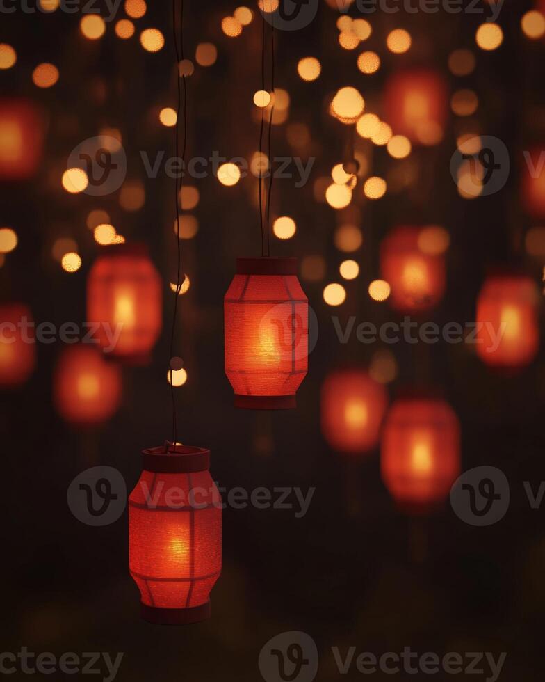 A string of glowing red Chinese lanterns with blurred golden lights in the background, creating a festive and elegant ambiance. photo