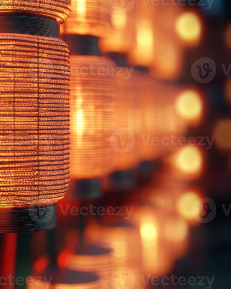 A row of red lanterns glowing brightly, with blurry festival lights in the background, warm and celebratory atmosphere. photo