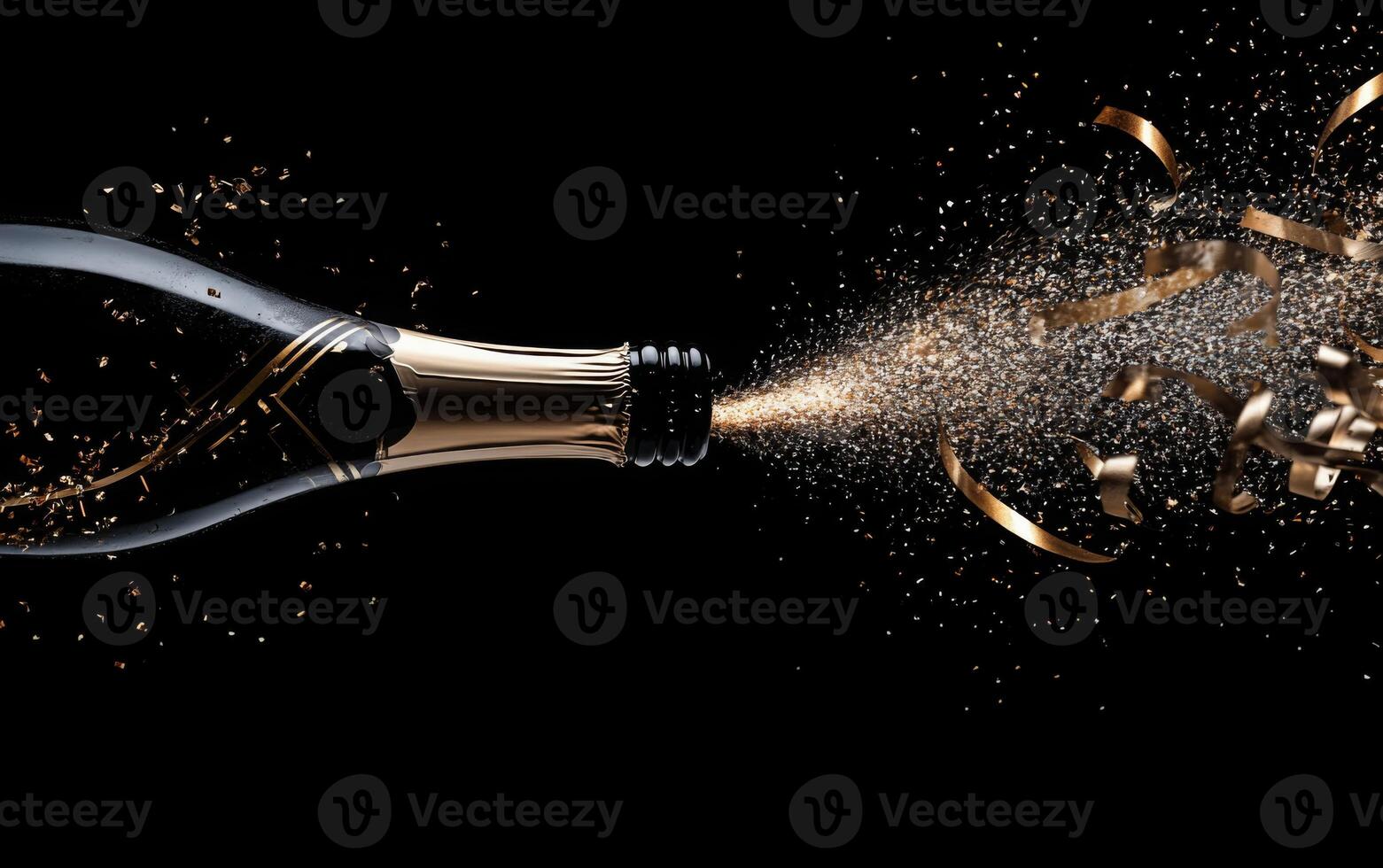 Sparkling champagne bottle with cork flying off, surrounded by curling golden ribbons, confetti bursting in all directions photo
