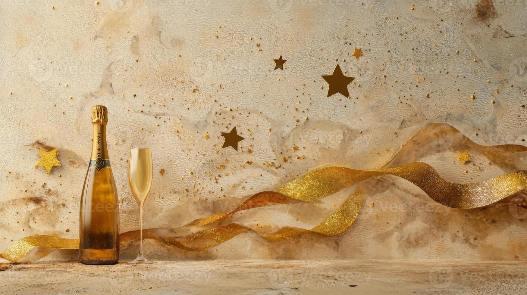 Celebration themed scene with a champagne bottle, gold stars, and ribbons flowing dynamically on a neutral beige canvas photo