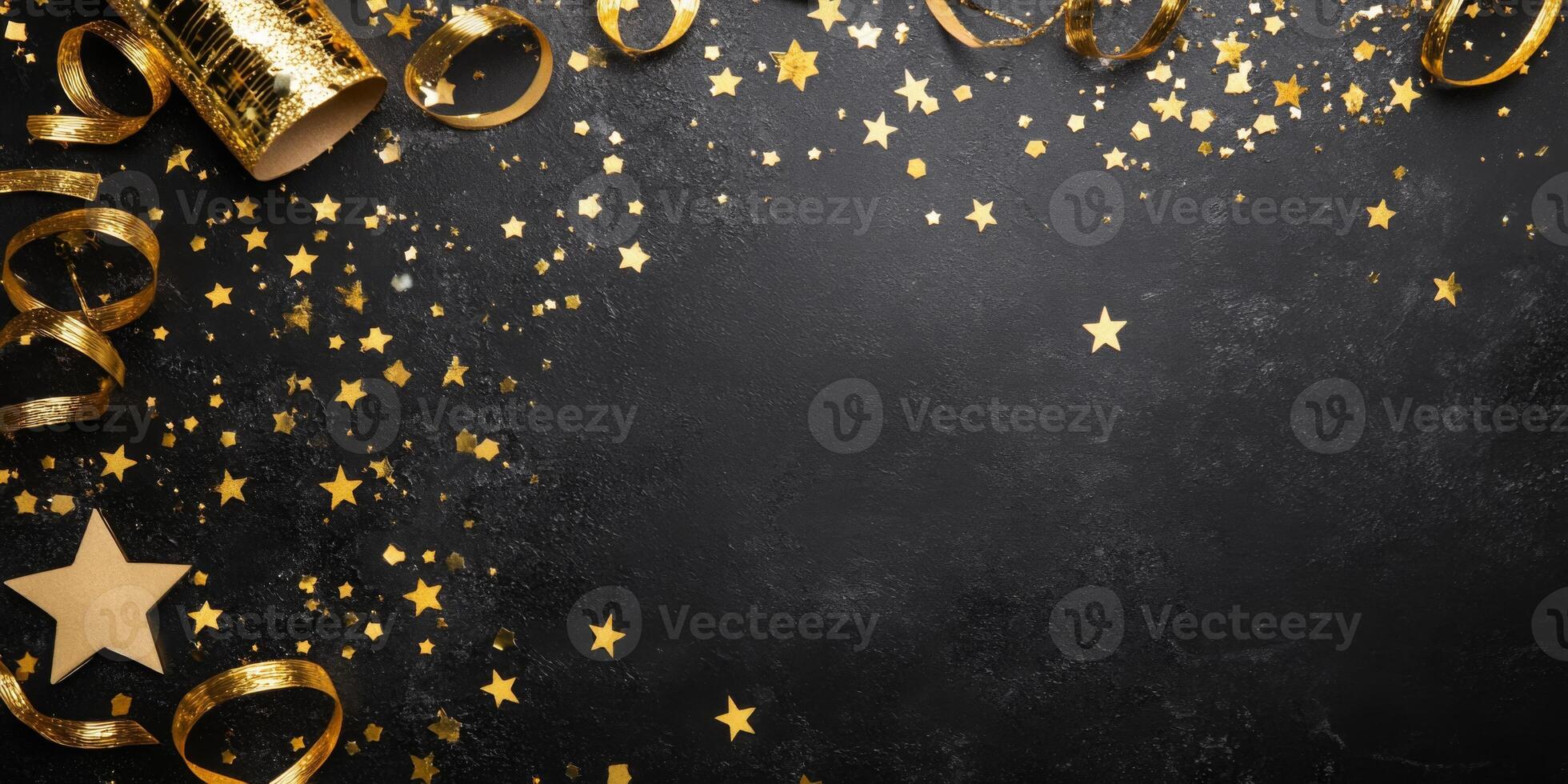 Decorative holiday flat lay featuring gold streamers, stars, and confetti, placed diagonally on a black canvas, with room for text on the right photo