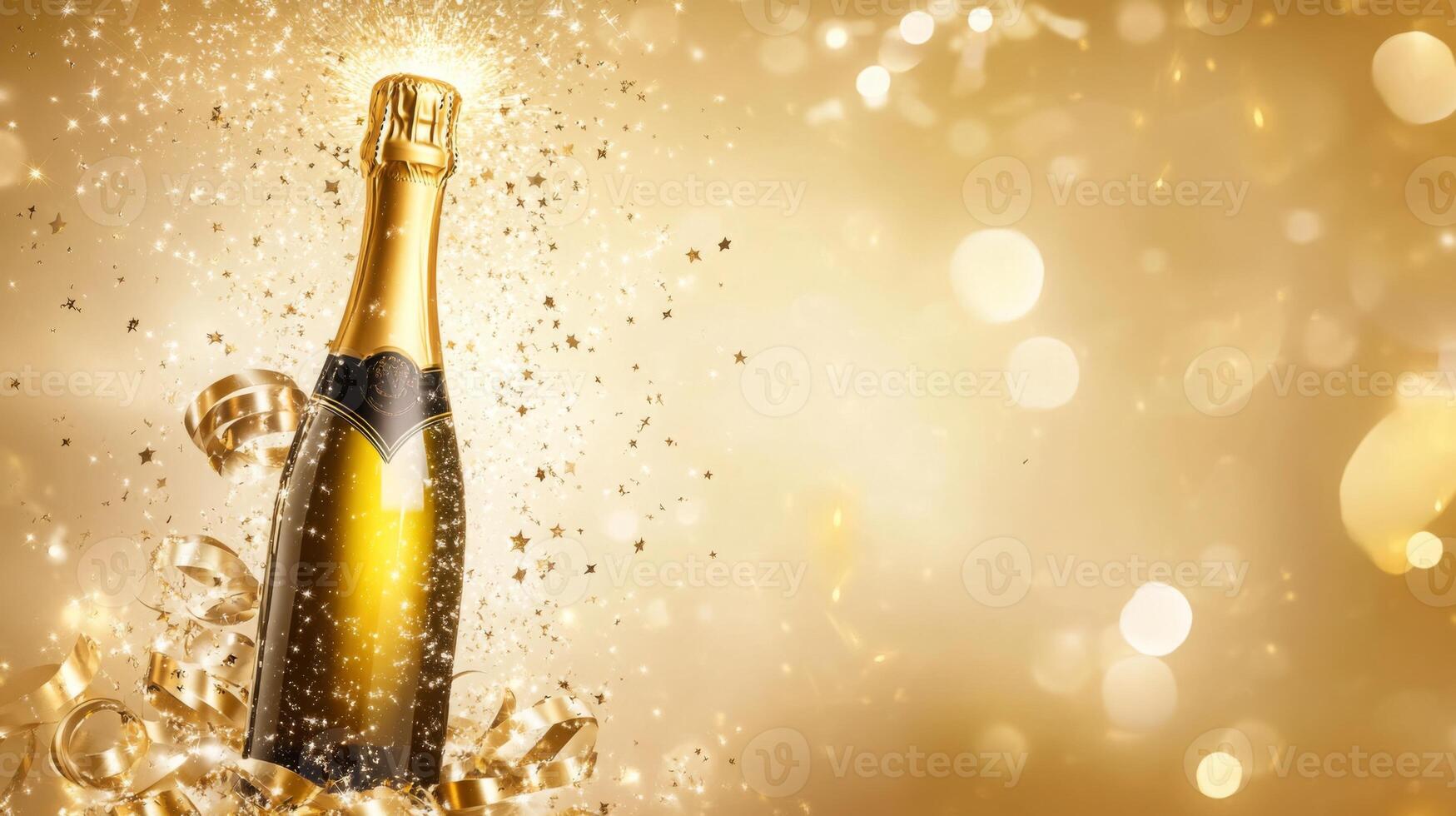 Golden champagne bottle with sparkling stars and bokeh lights exploding from the cork, surrounded by curling ribbons, soft beige background photo