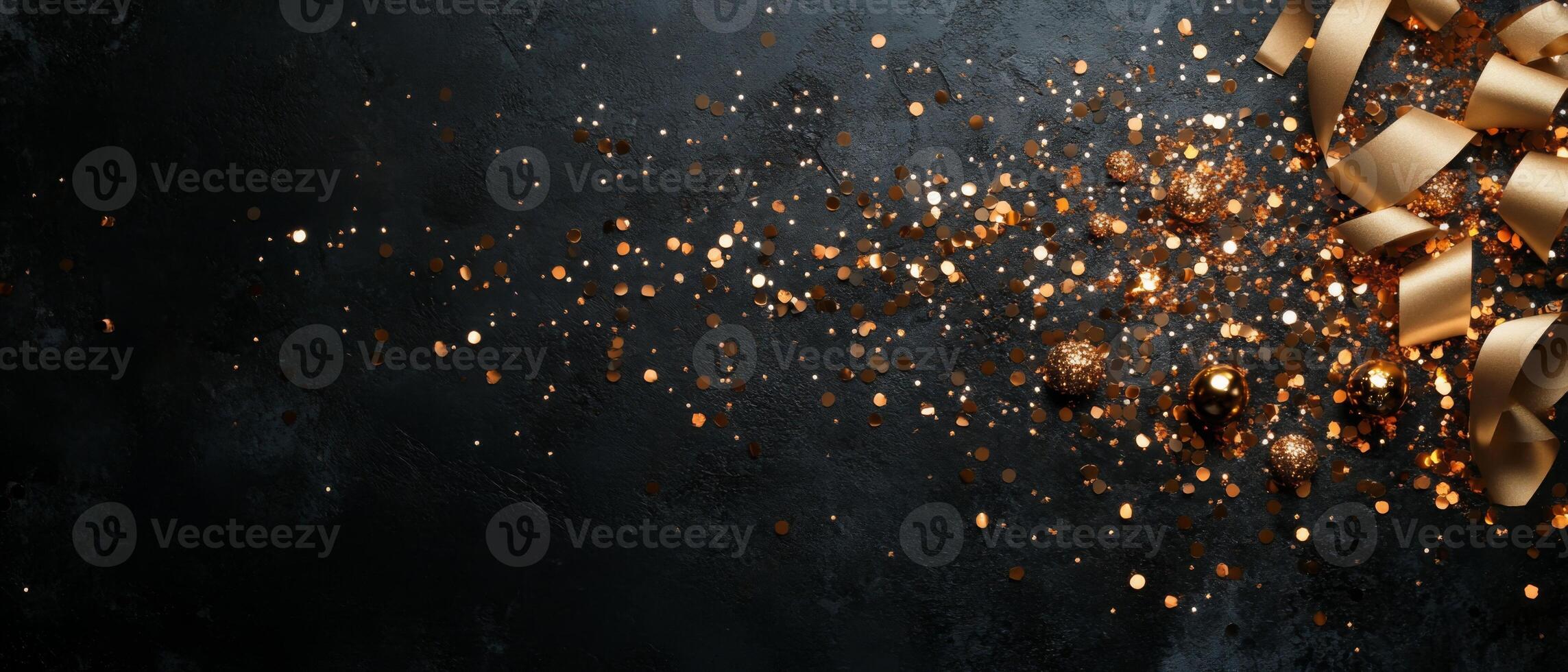 Party setup with scattered golden ribbons, sparkling baubles, and confetti, arranged asymmetrically on a black surface, leaving negative space on the right photo