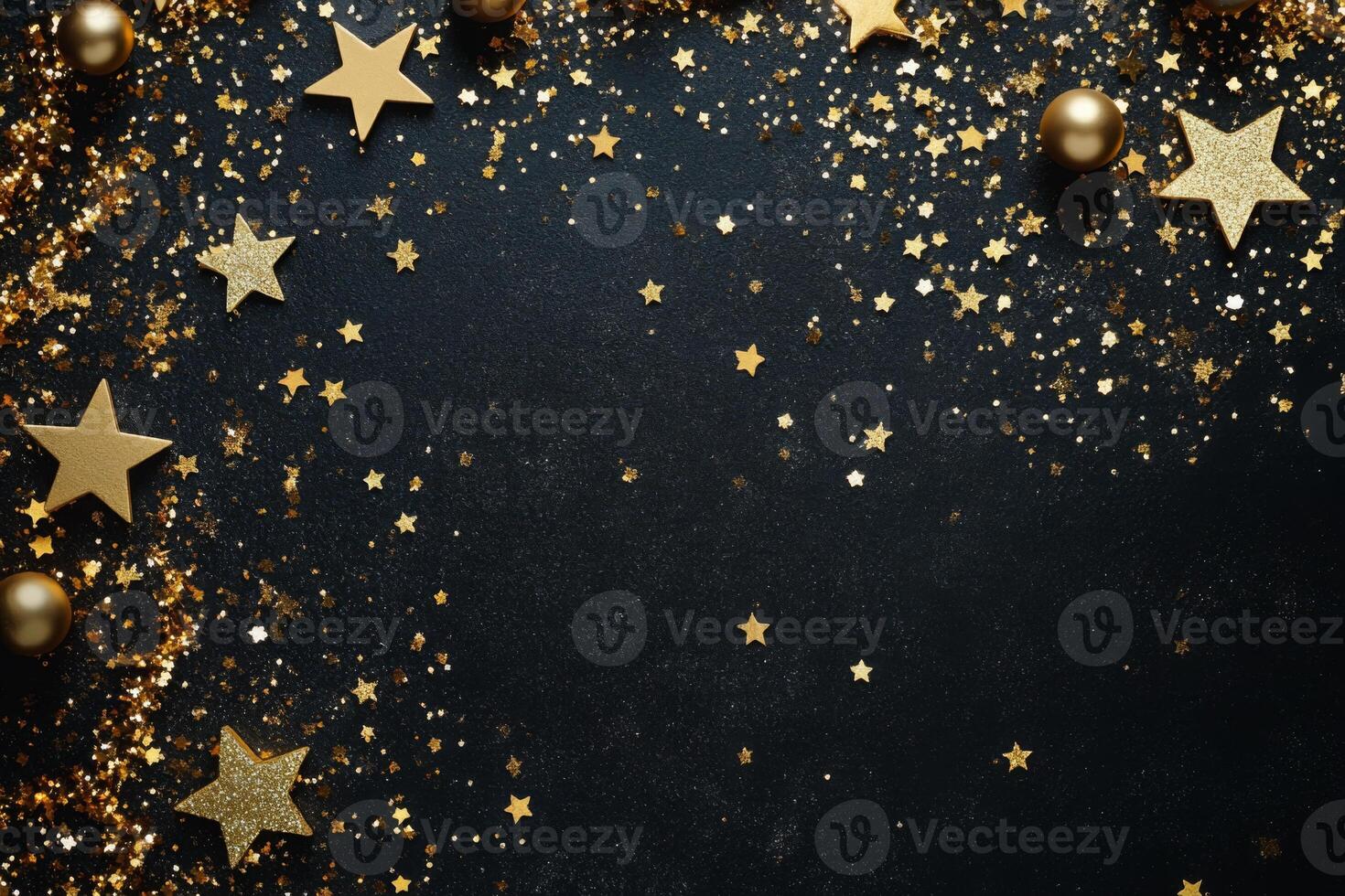 Minimalist New Year celebration flat lay with golden decorative elements such as stars, baubles, and confetti on a black background, arranged asymmetrically to leave space on the right photo