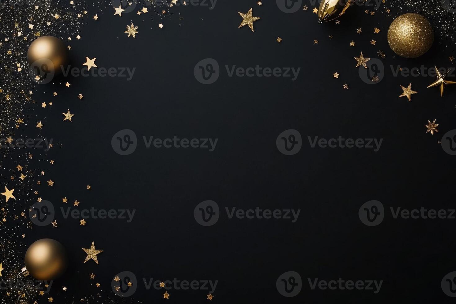 Minimalist New Year celebration flat lay with golden decorative elements such as stars, baubles, and confetti on a black background, arranged asymmetrically to leave space on the right photo