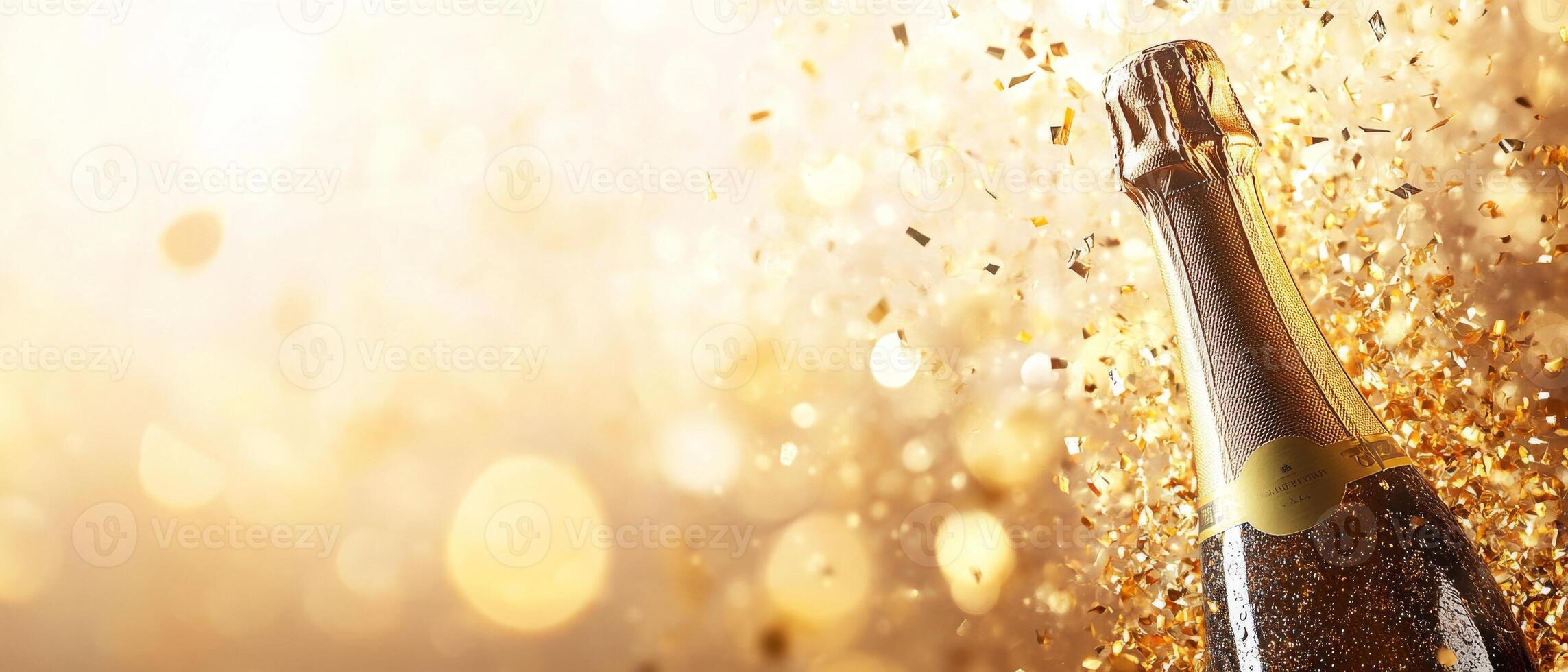 Champagne bottle popping with golden confetti and sparkles exploding outward, soft bokeh effect in the background, leaving empty space on the left side photo