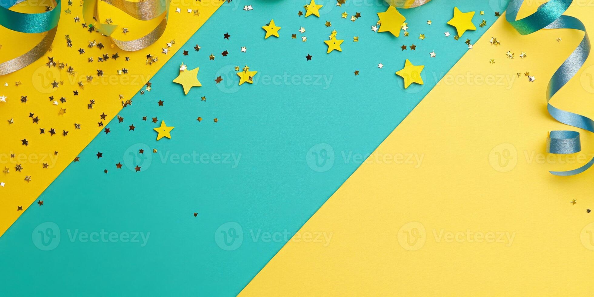 Decorative flat lay featuring streamers and stars, arranged diagonally with empty space in the bottom right corner photo