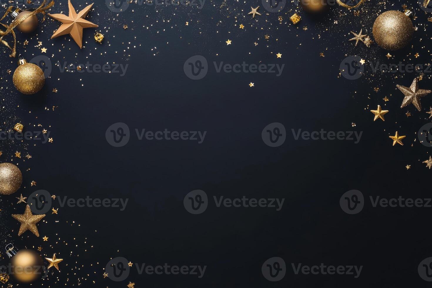 Minimalist New Year celebration flat lay with golden decorative elements such as stars, baubles, and confetti on a black background, arranged asymmetrically to create empty space photo