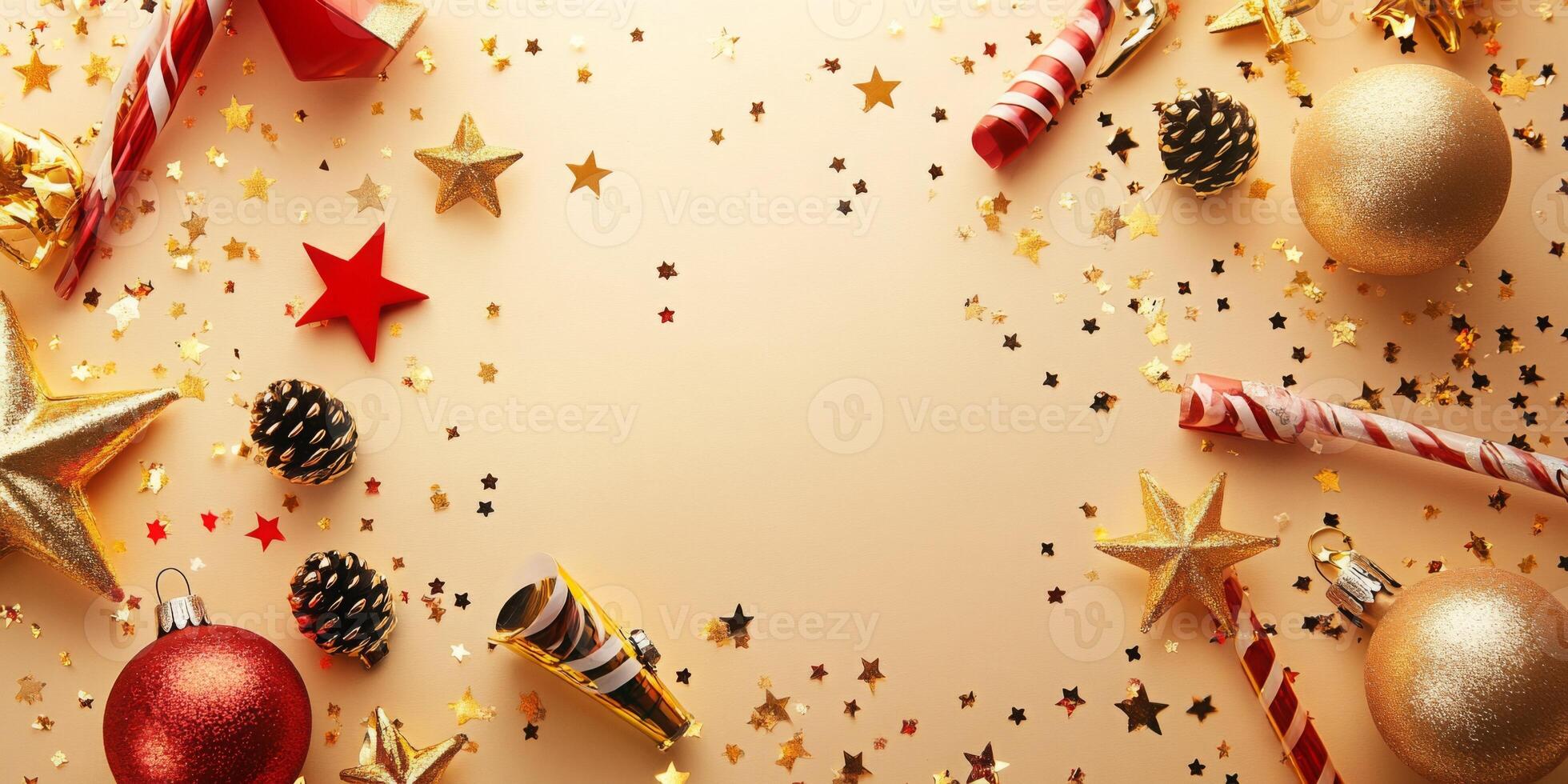 New Year's Eve decorations featuring party horns, ornaments, and golden stars, diagonally placed with empty space at the bottom photo