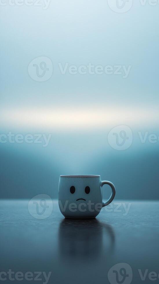 A sad faced mug sits on a smooth table in a vast, empty room. Soft blue tones blur the background, highlighting the isolation and stillness, with negative space adding to its loneliness photo