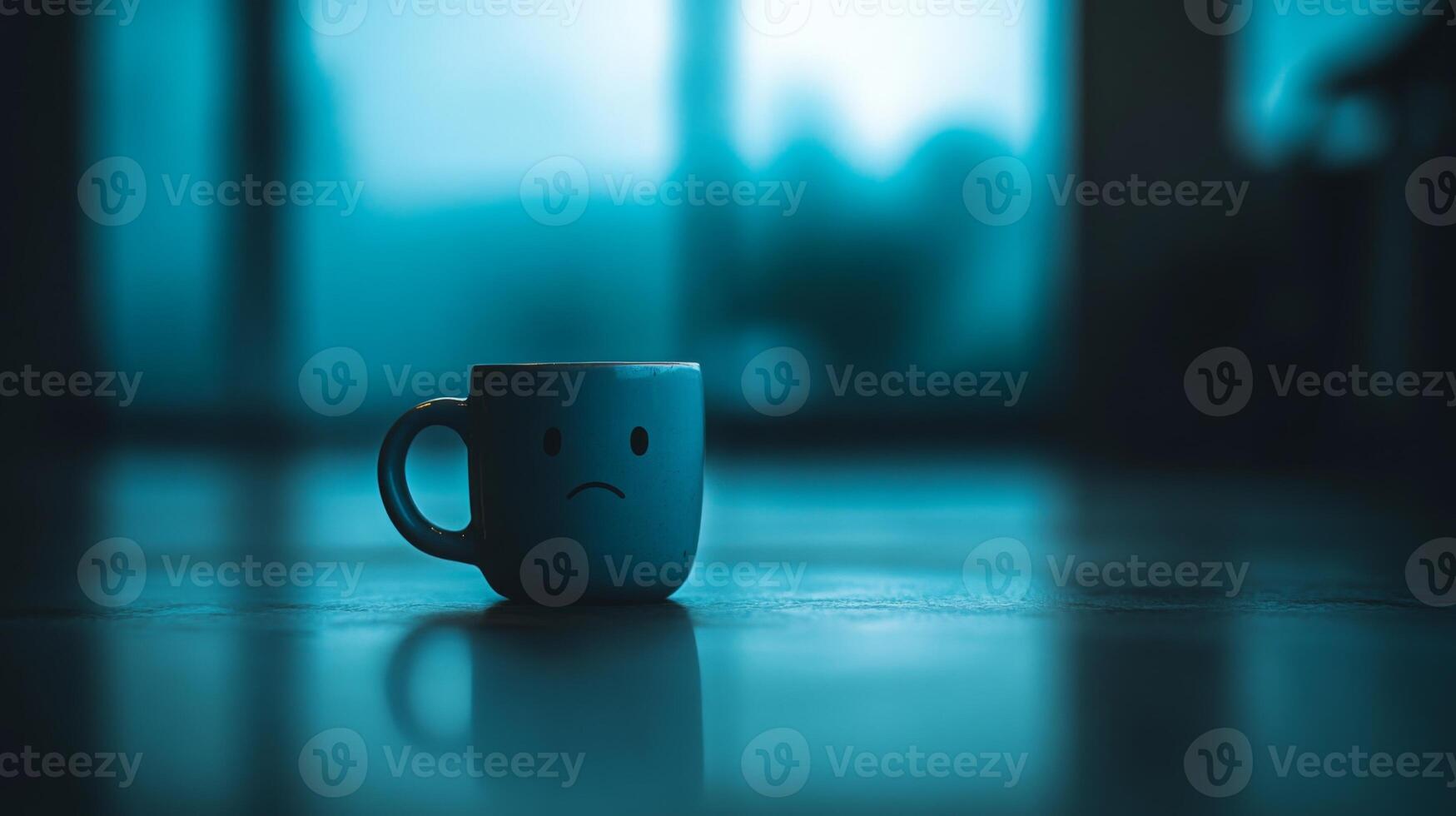 A sad faced mug sits on a smooth table in a vast, empty room. Soft blue tones blur the background, highlighting the isolation and stillness, with negative space adding to its loneliness photo