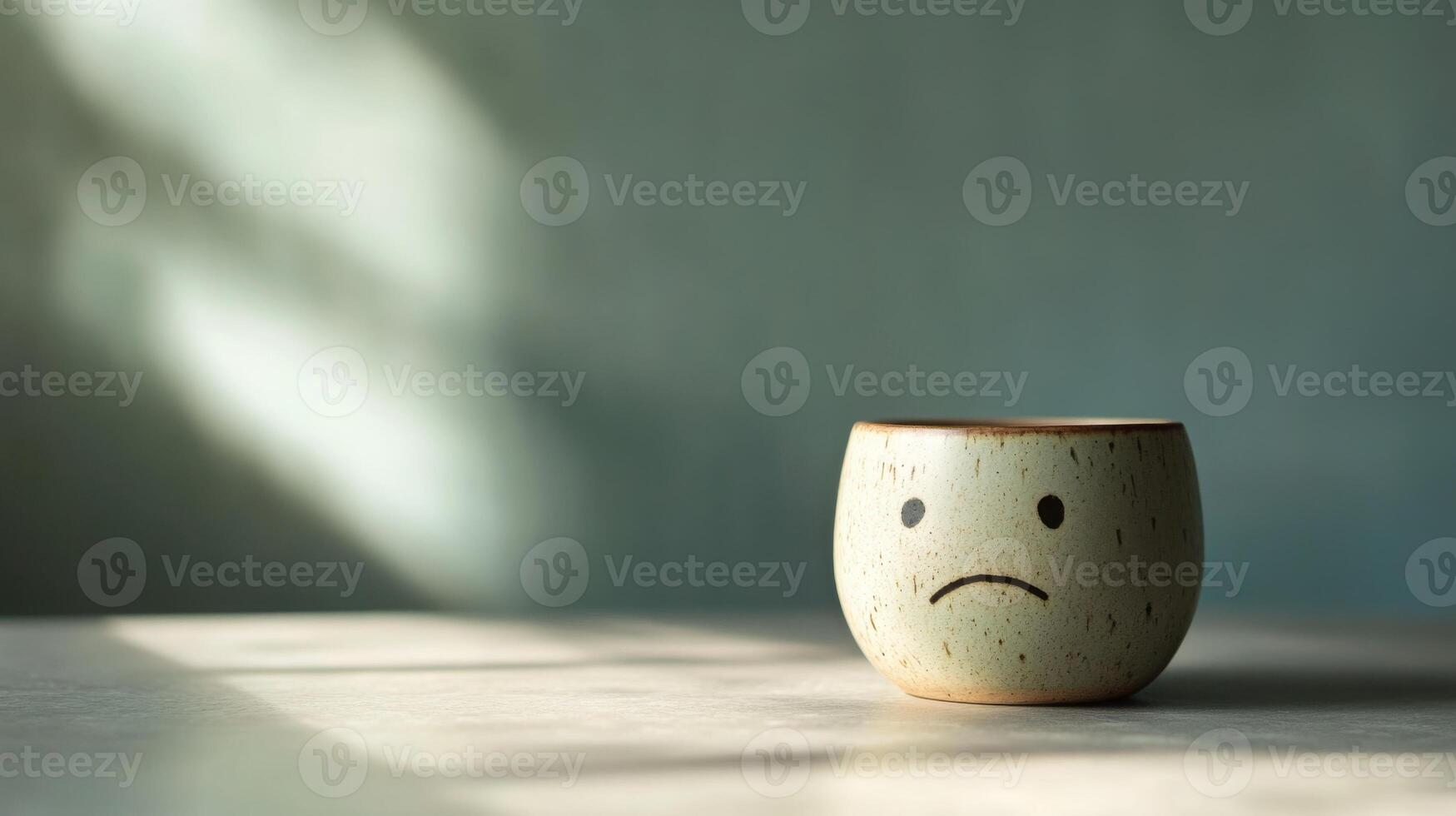 A frowning mug sits alone on a minimalistic table. Soft, cool light highlights the mug, with empty negative space around it, evoking a sense of quiet contemplation and solitude photo