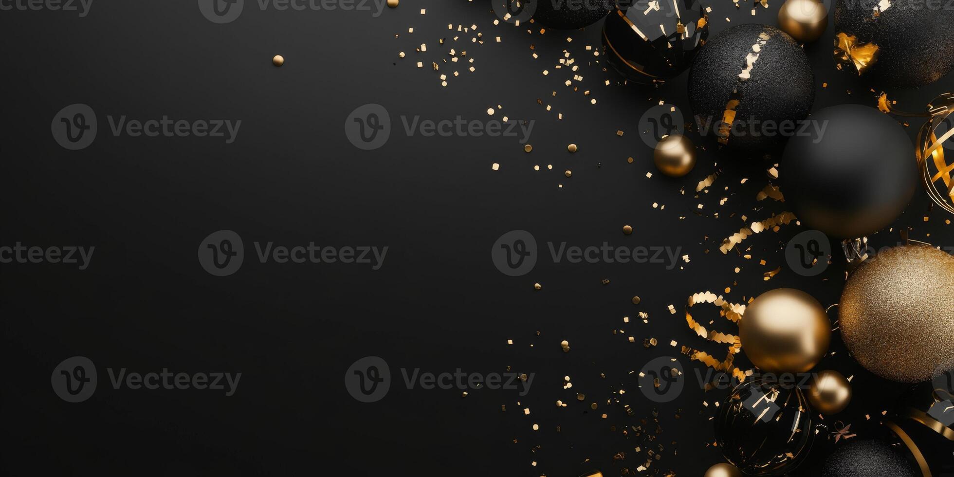 Black and gold themed New Year celebration scene, with decorations arranged to leave negative space along the top edge photo